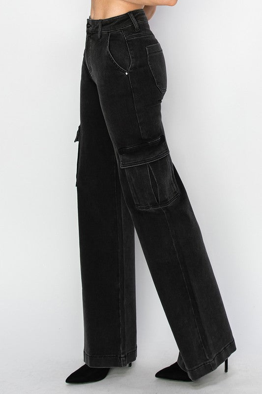 Risen High Rise Wide Leg Cargo Jeans Black