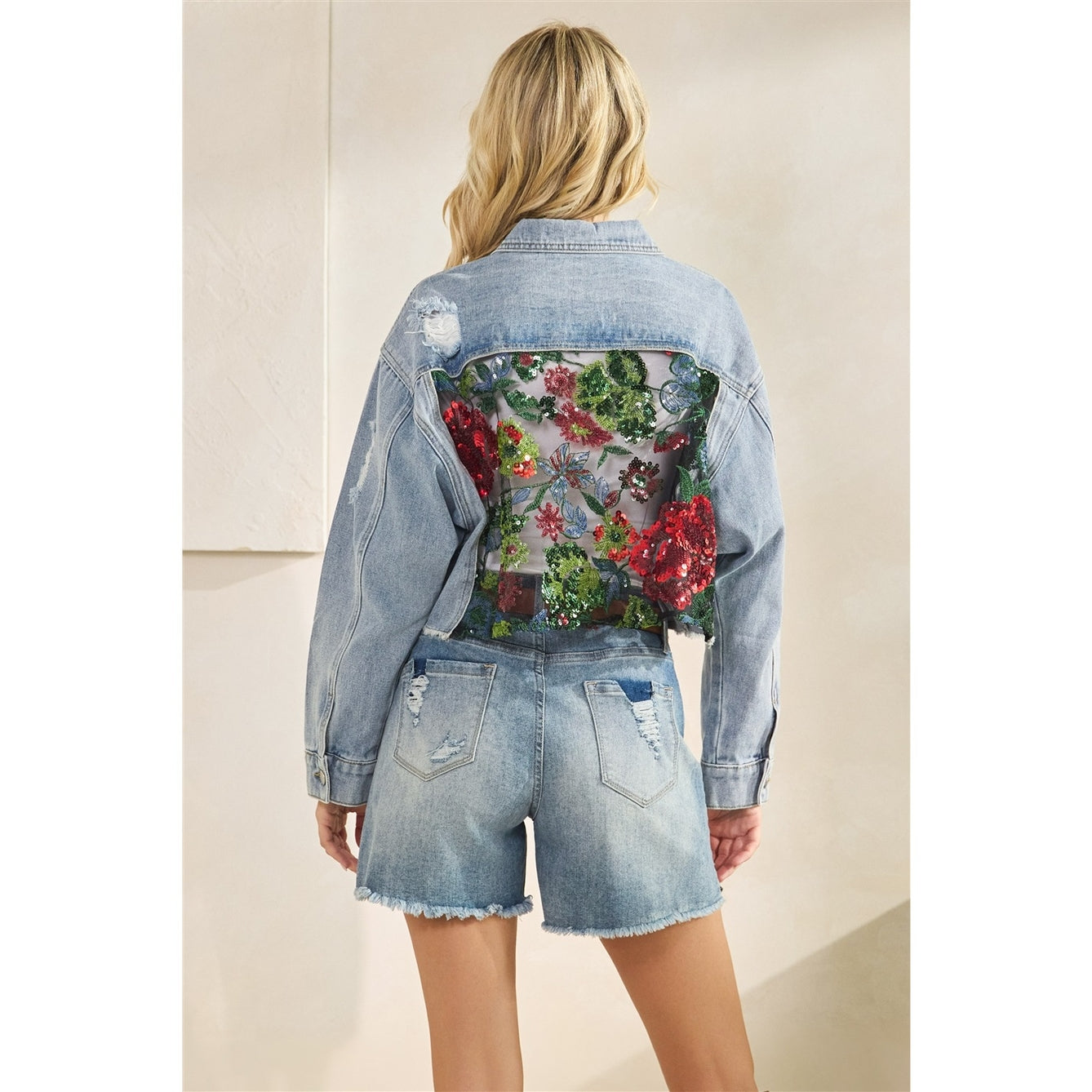 Denim Jacket With Lace Floral Contrast