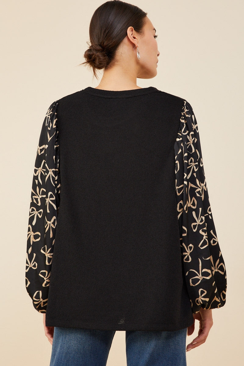 Womens Bow Contrast Puff Sleeve Top