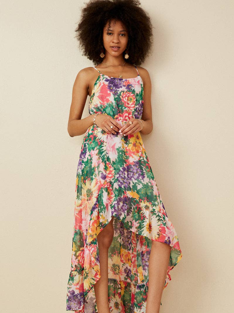 Vivid Floral Asymmetric Ruffle Hem Dress