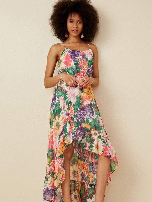 Vivid Floral Asymmetric Ruffle Hem Dress