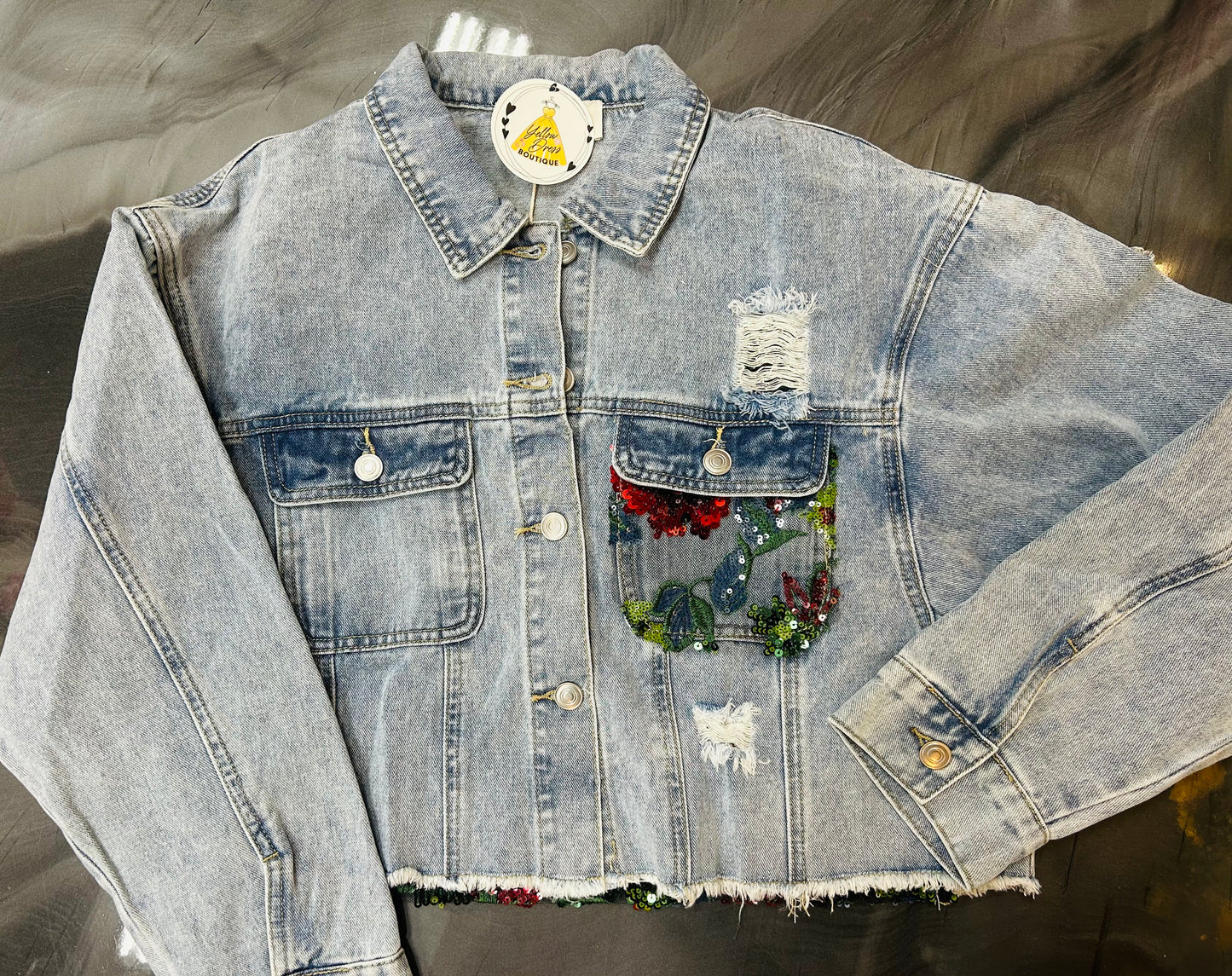 Denim Jacket With Lace Floral Contrast