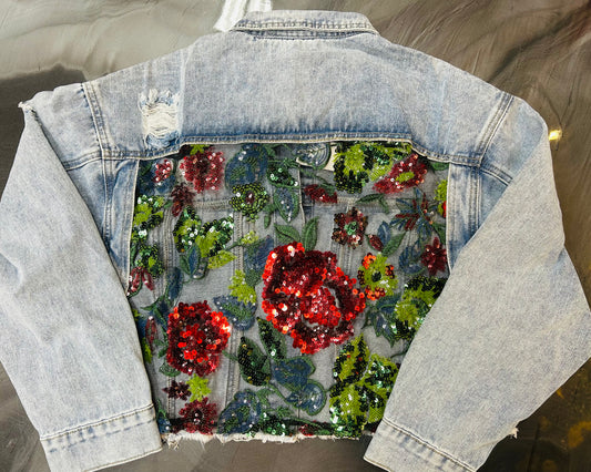 Denim Jacket With Lace Floral Contrast
