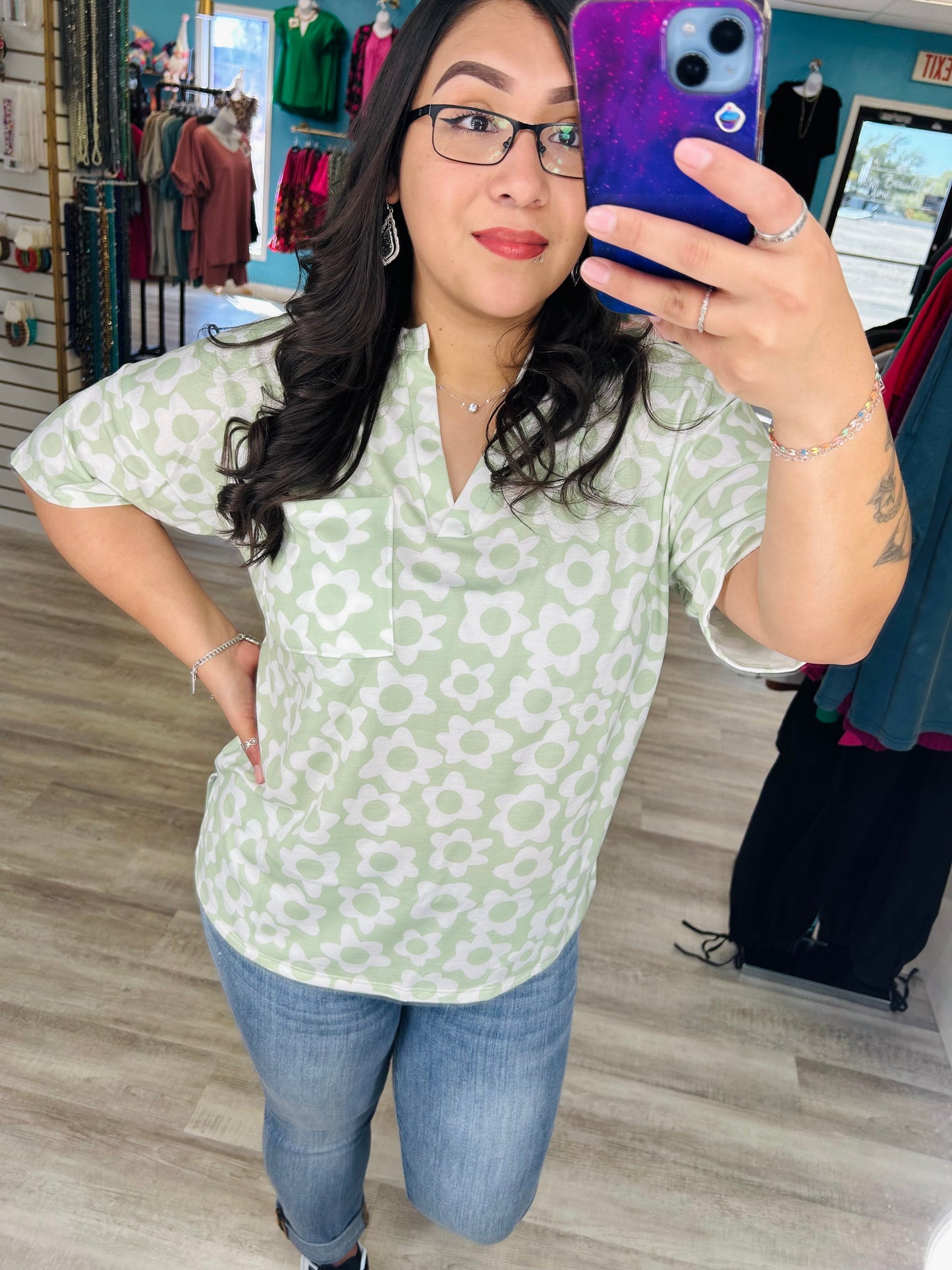 Sage Floral V-Neck Top