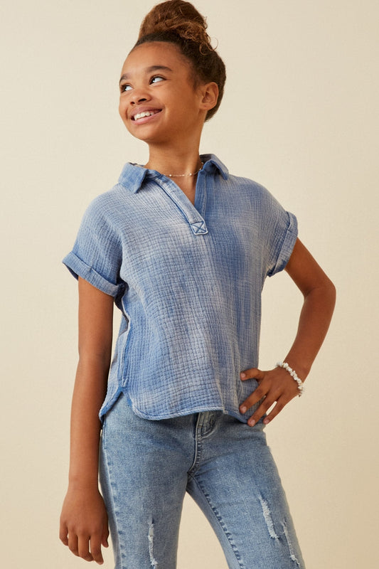 Girls Washed Collar Dolman Top