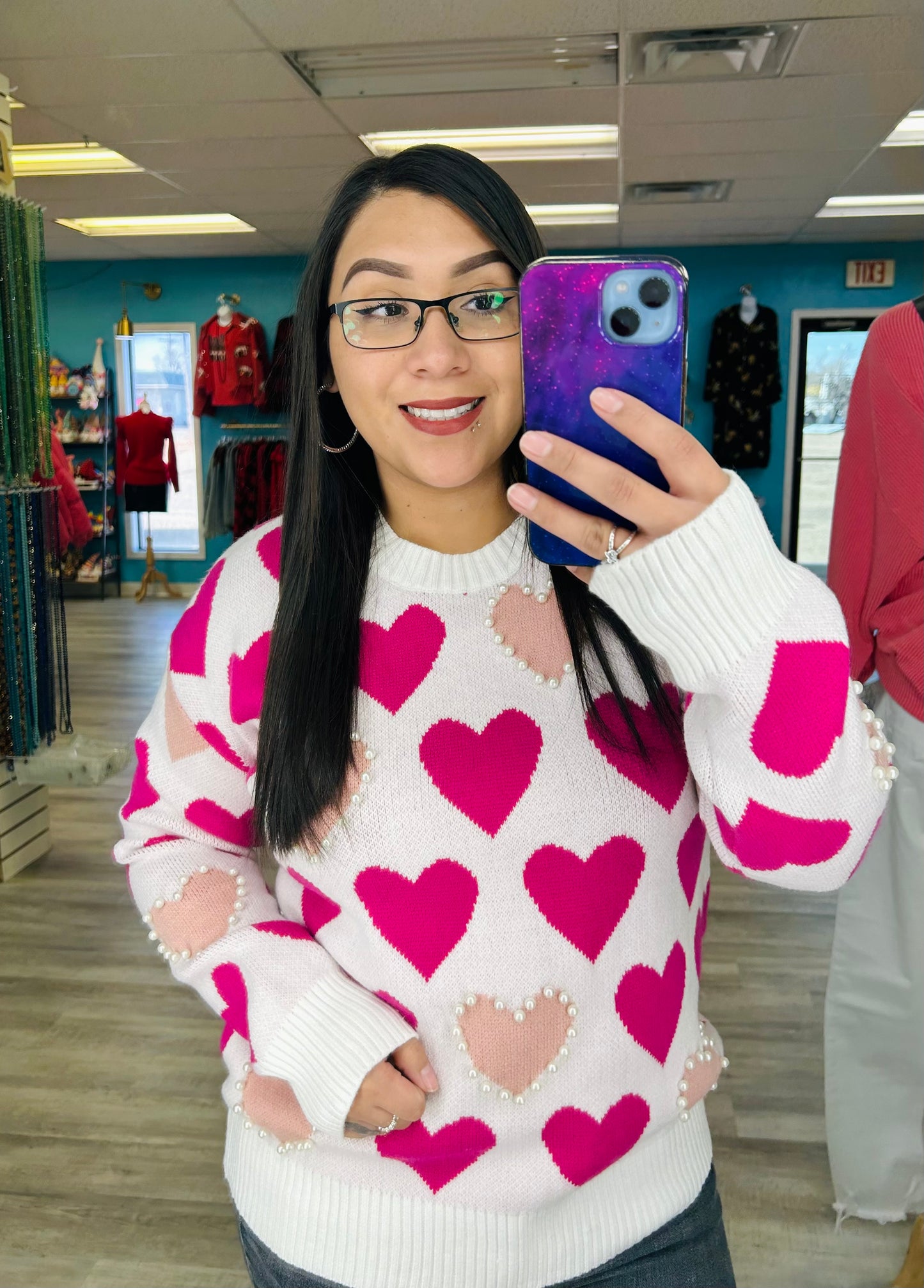 Heart Print Pearl Sweater