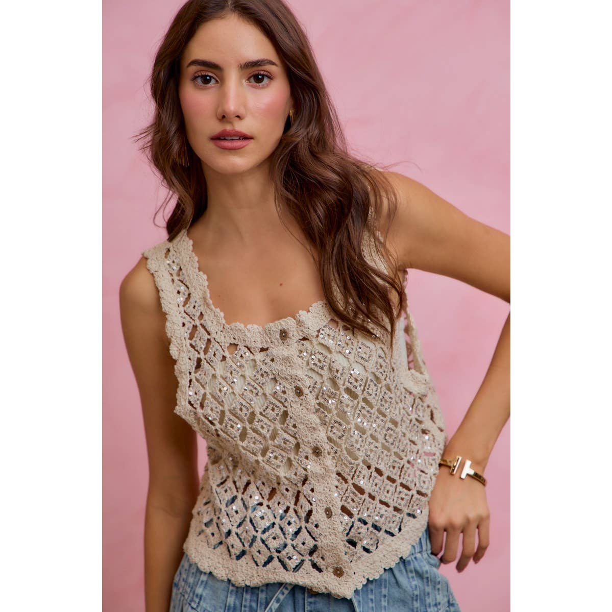 Sequins Crochet Lace Vest Top