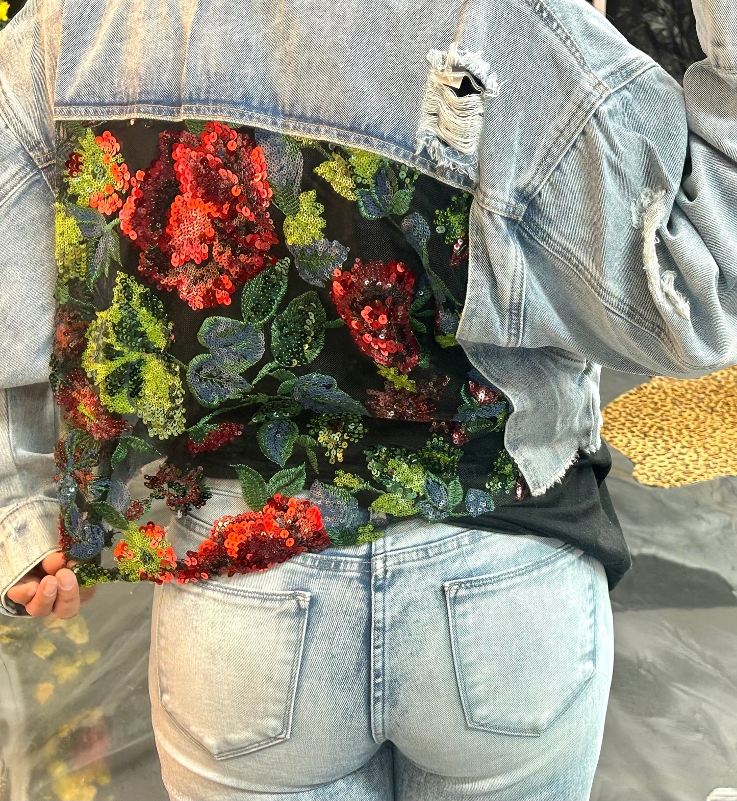 Denim Jacket With Lace Floral Contrast