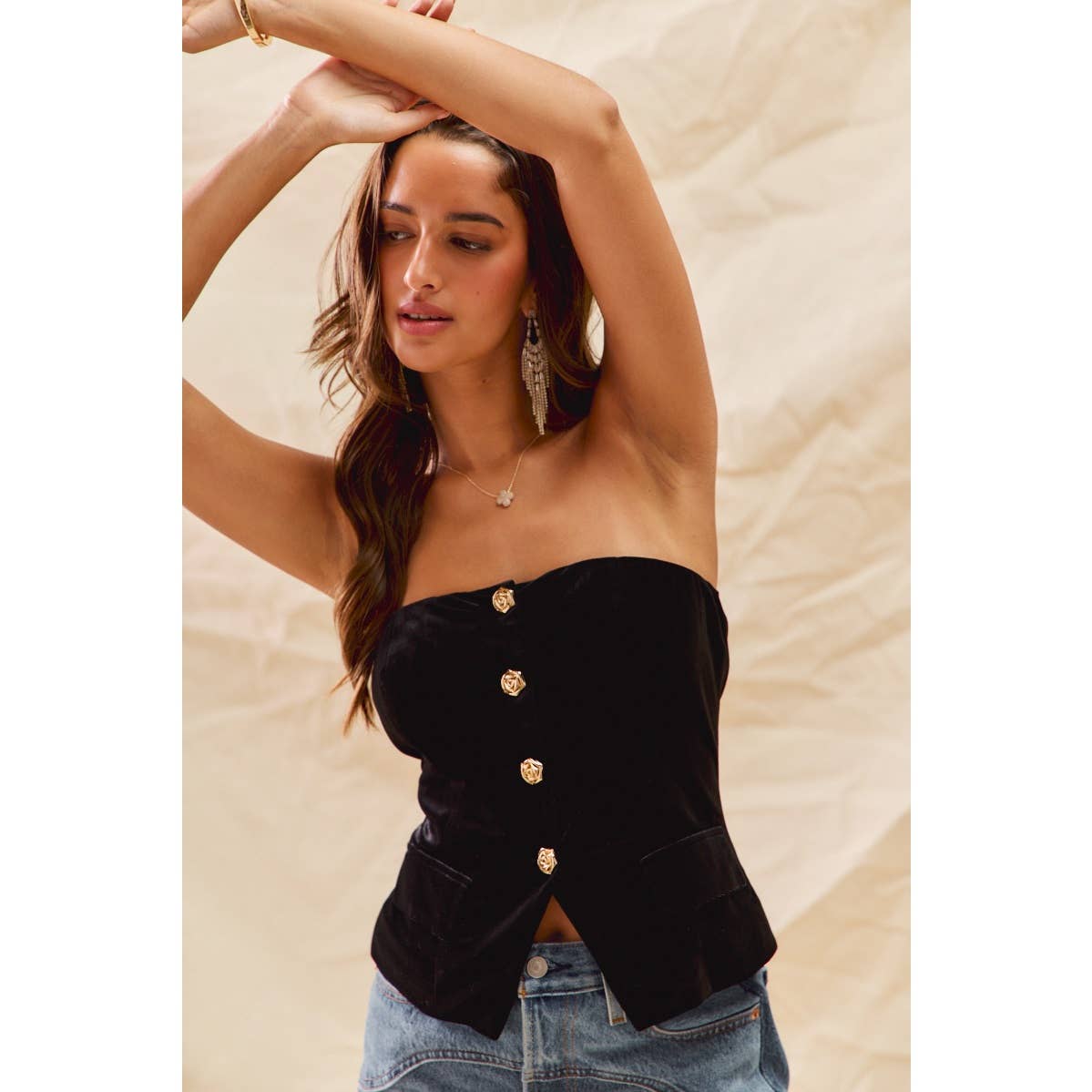 Velvet Rose Gold Button Tube Top