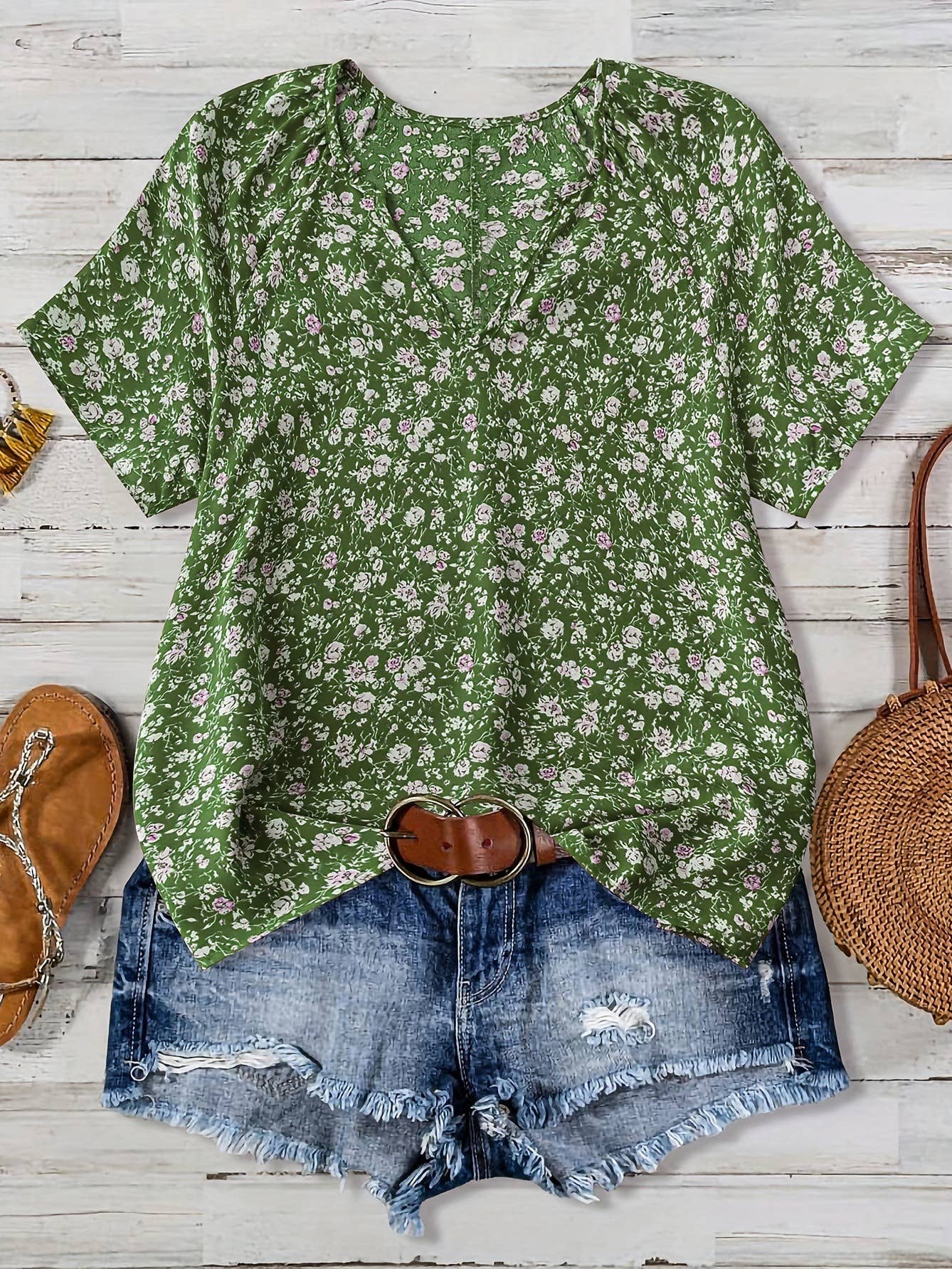 Green Floral Print V-neck Top