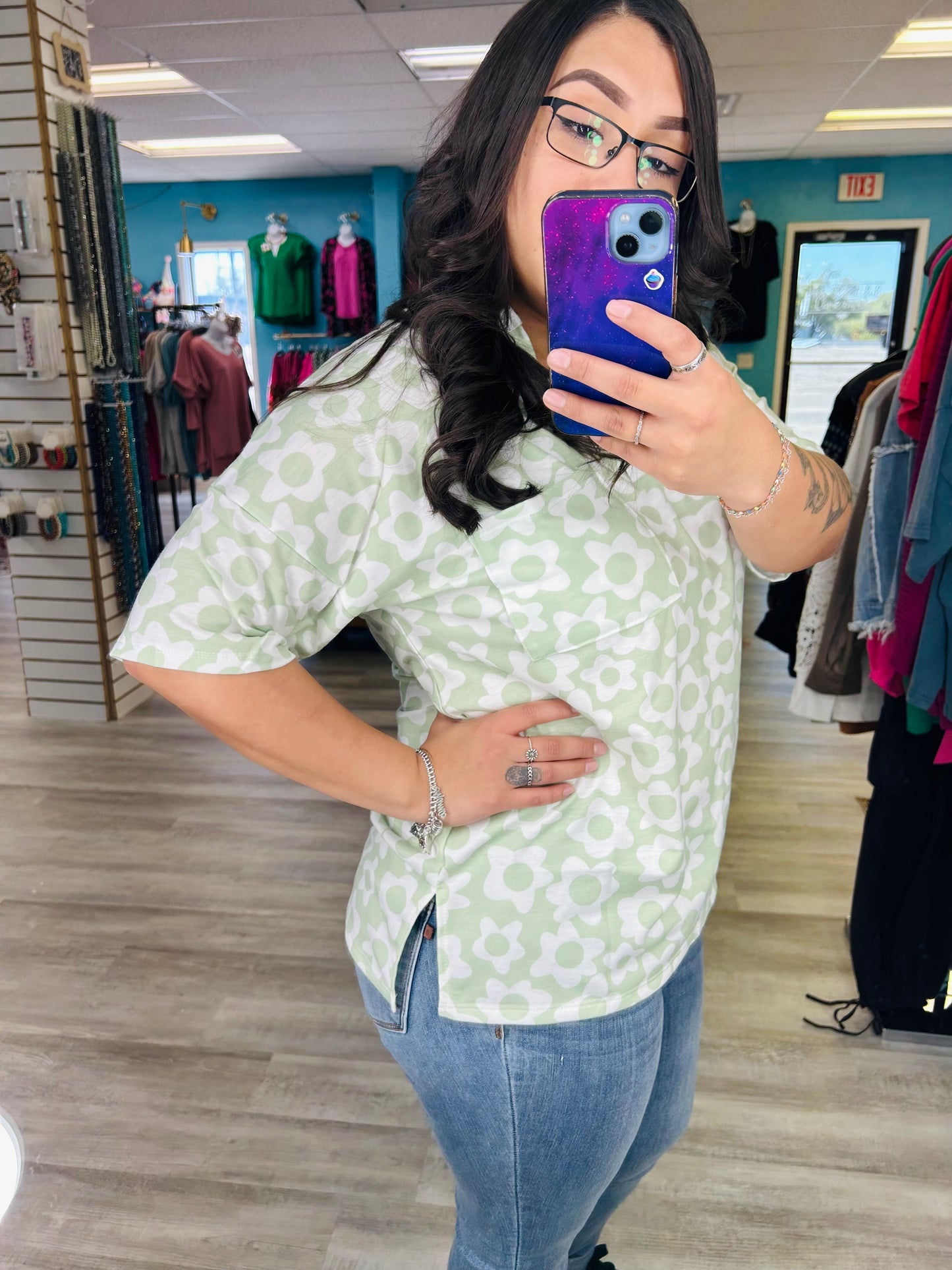 Sage Floral V-Neck Top