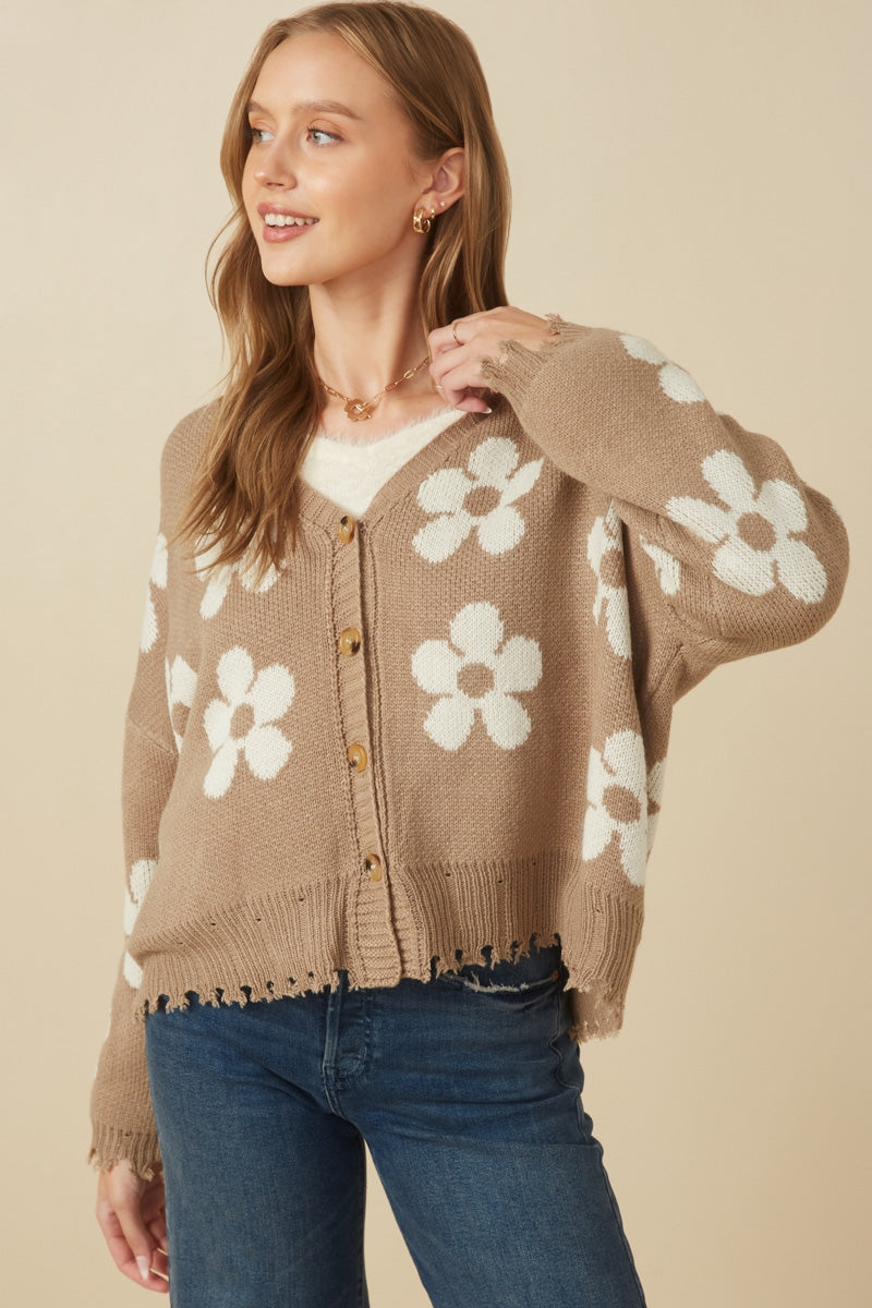Distressed Floral Patterned Cardigan