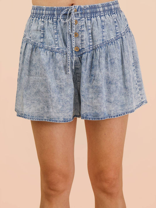 Chambray Button Down Flare Shorts