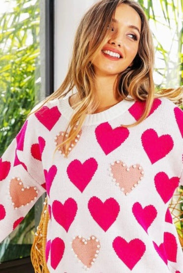 Heart Print Pearl Sweater