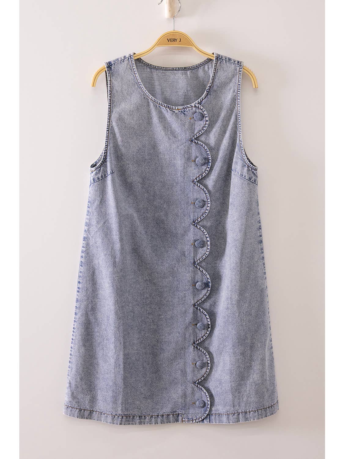 Scallop Button Washed Denim Mini Dress