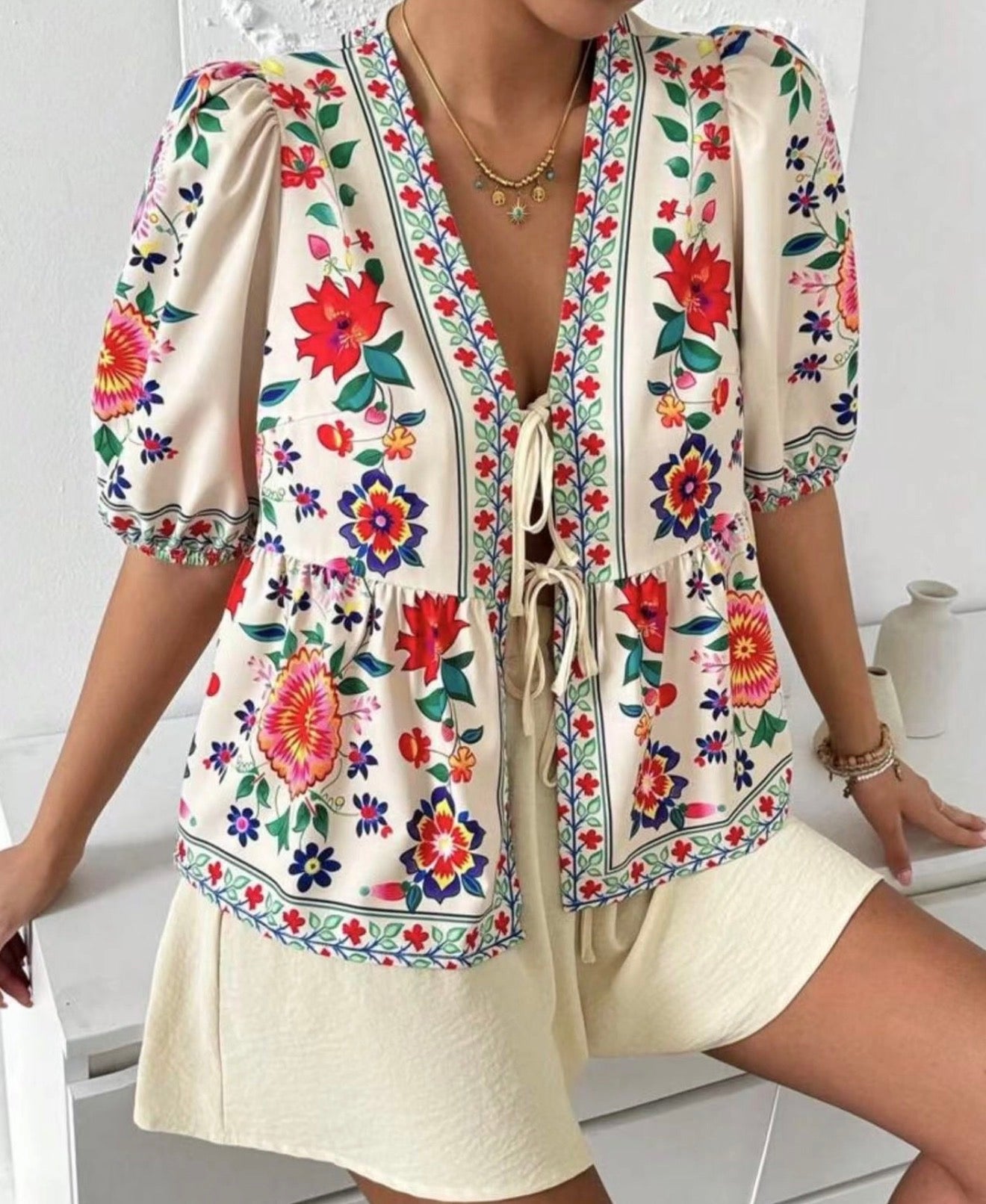Bohemian Floral Print Cardigan Top