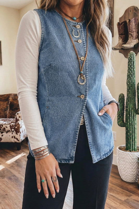 Buttoned Front Slit Denim Vest