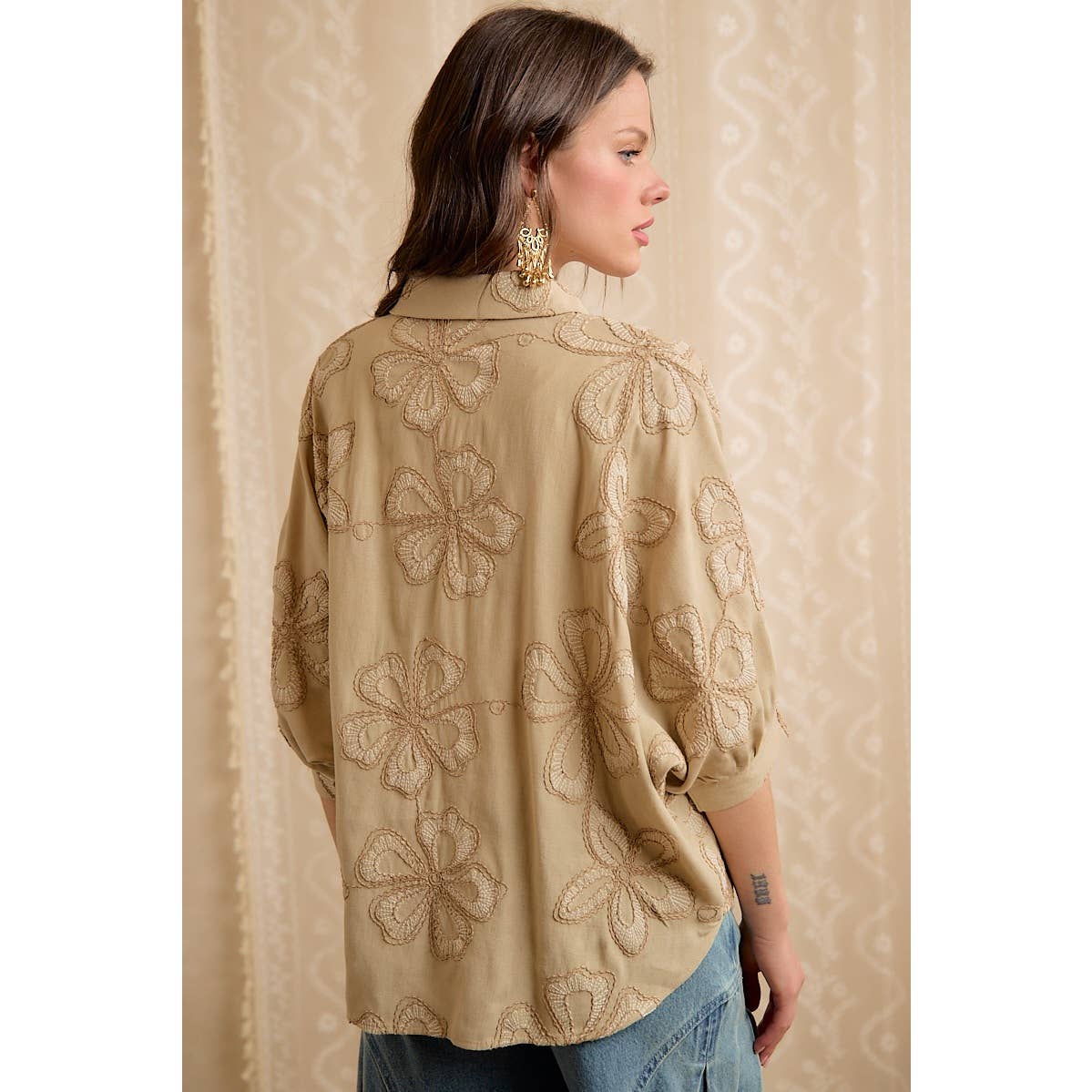 Taupe Embroidered Button-Down Blouse