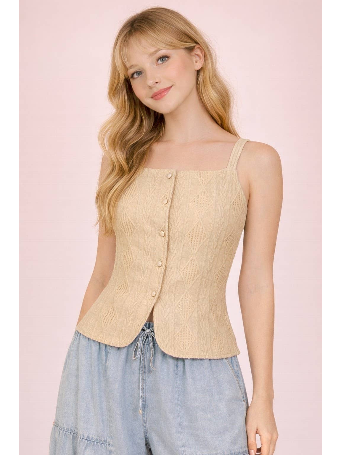 Taupe Sleeveless Button Down Top