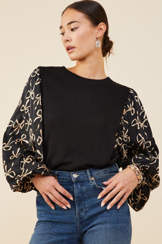 Womens Bow Contrast Puff Sleeve Top