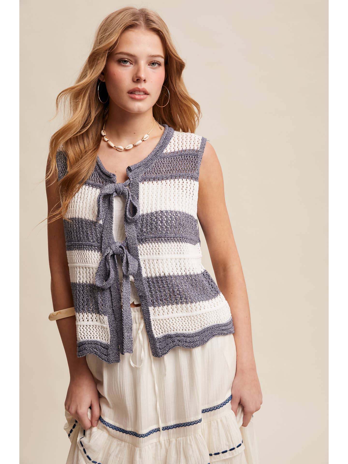 Striped Navy Crotchet Knit Vest