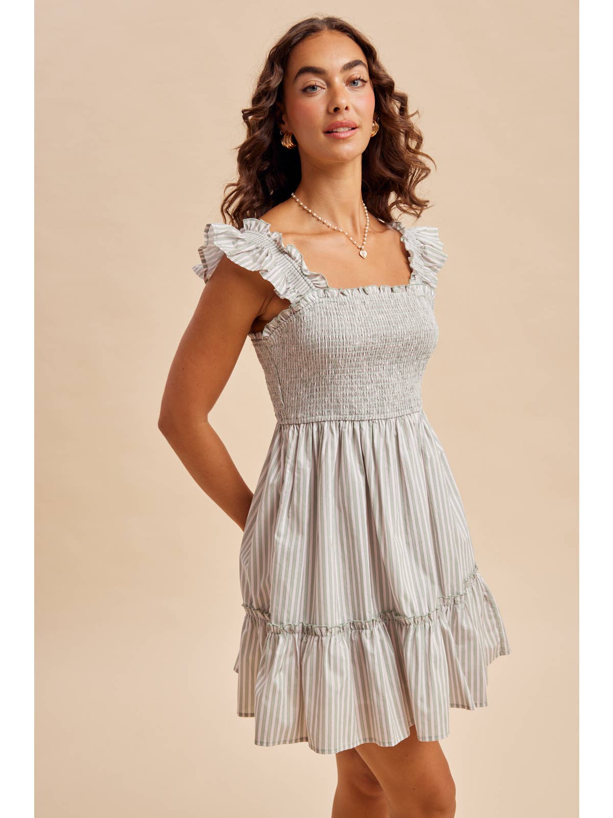 Green Striped Cotton Smocked Dress