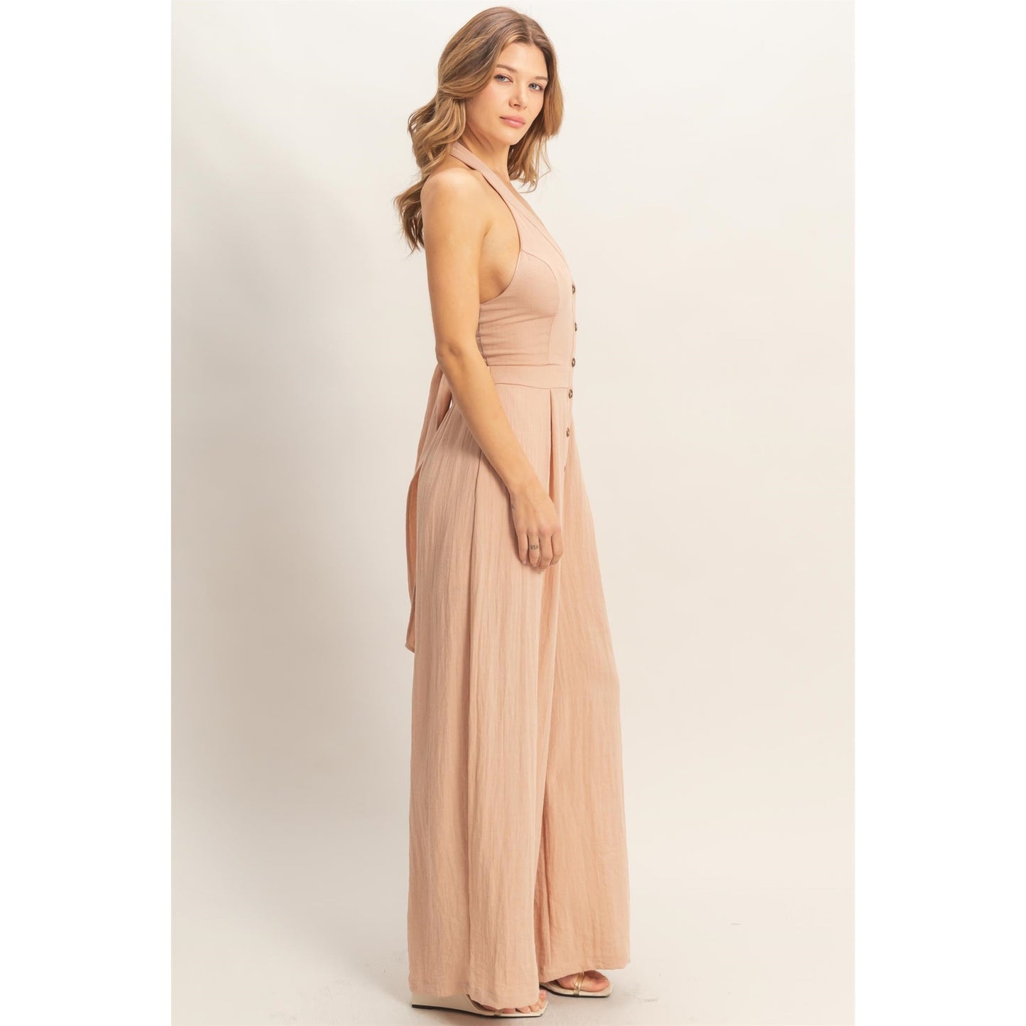 Halter Button-Front Jumpsuit