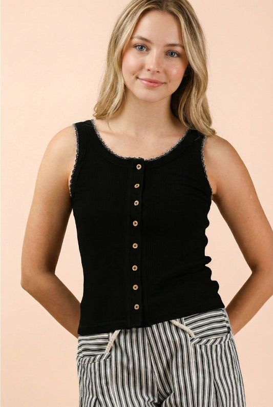 Mineral Washed Knit Tank W Lace