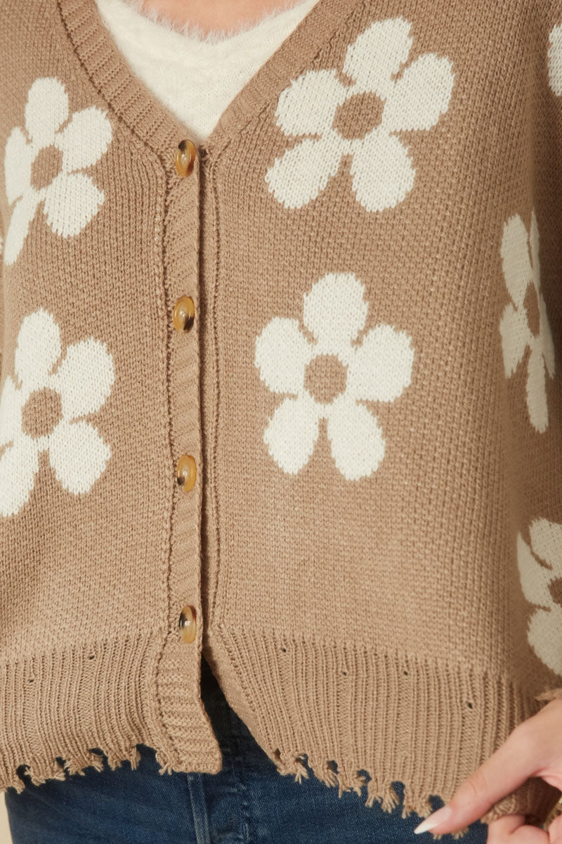 Distressed Floral Patterned Cardigan