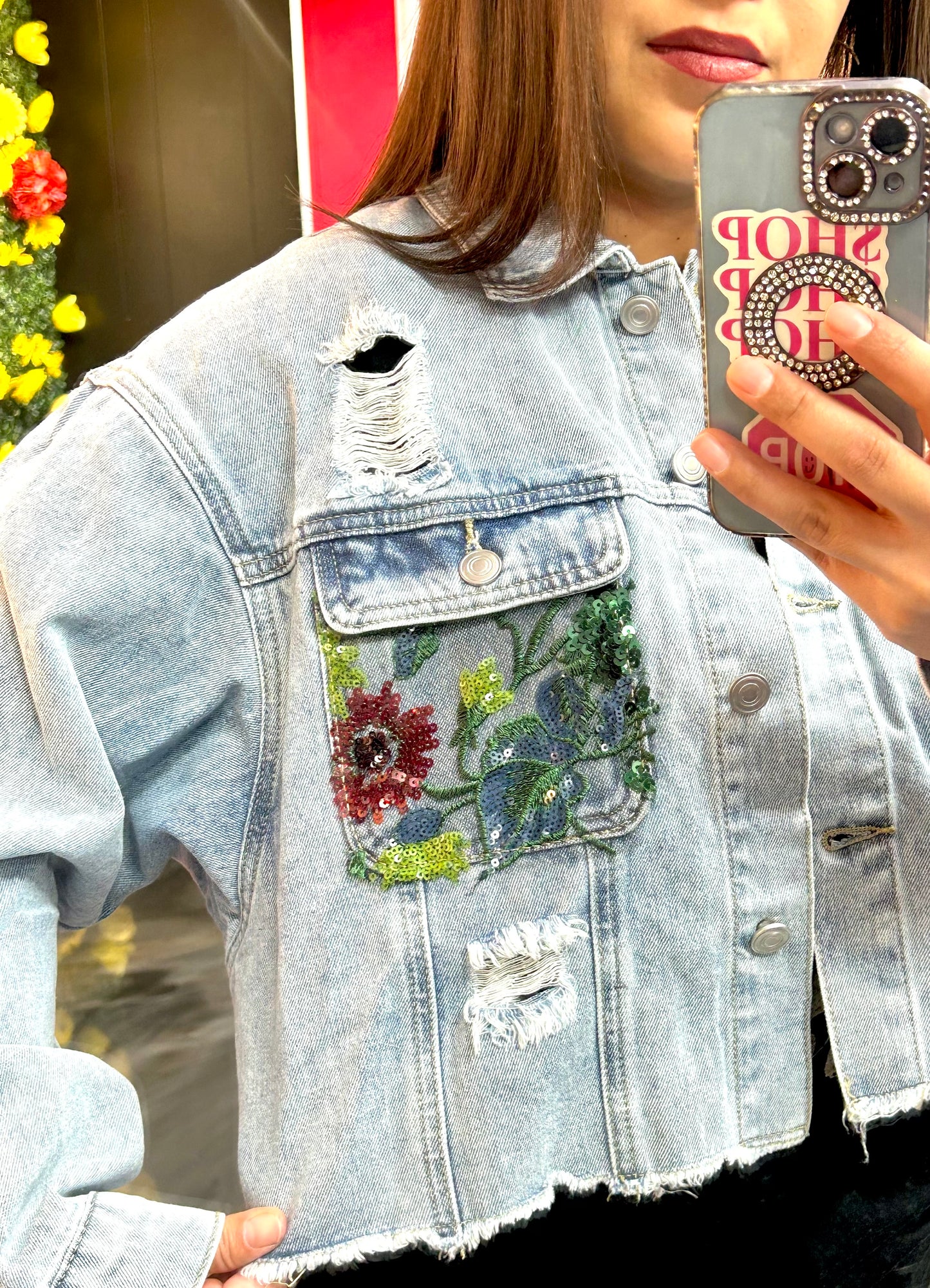 Denim Jacket With Lace Floral Contrast