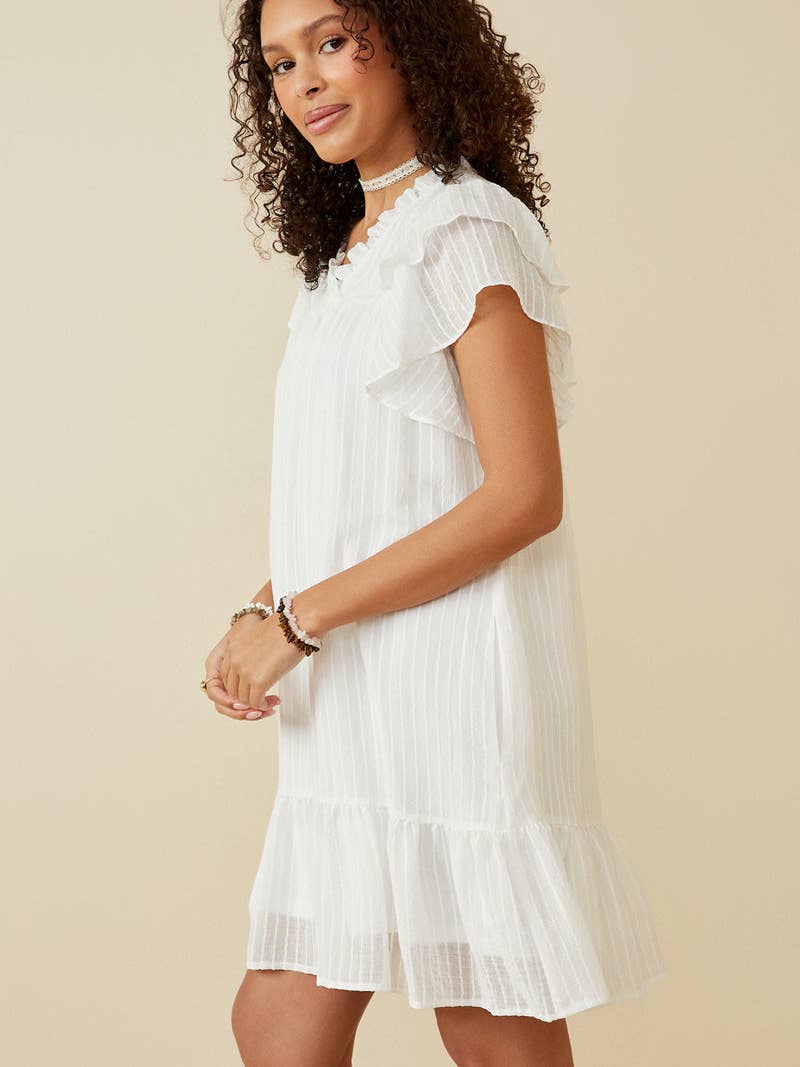 White Striped Ruffle Sleeve Dress