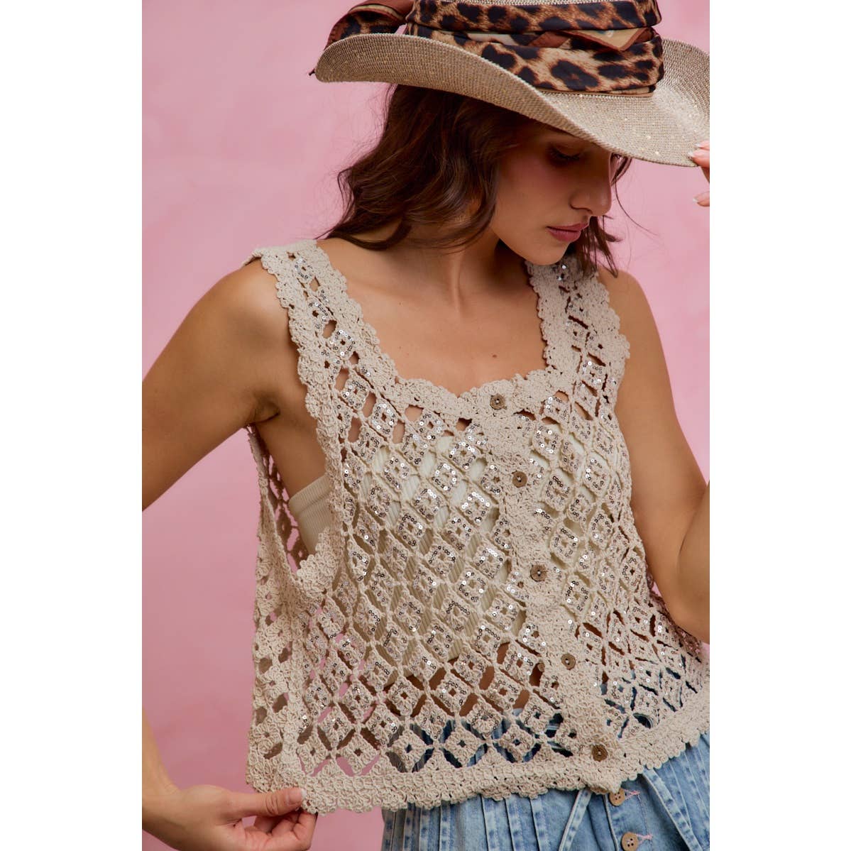 Sequins Crochet Lace Vest Top
