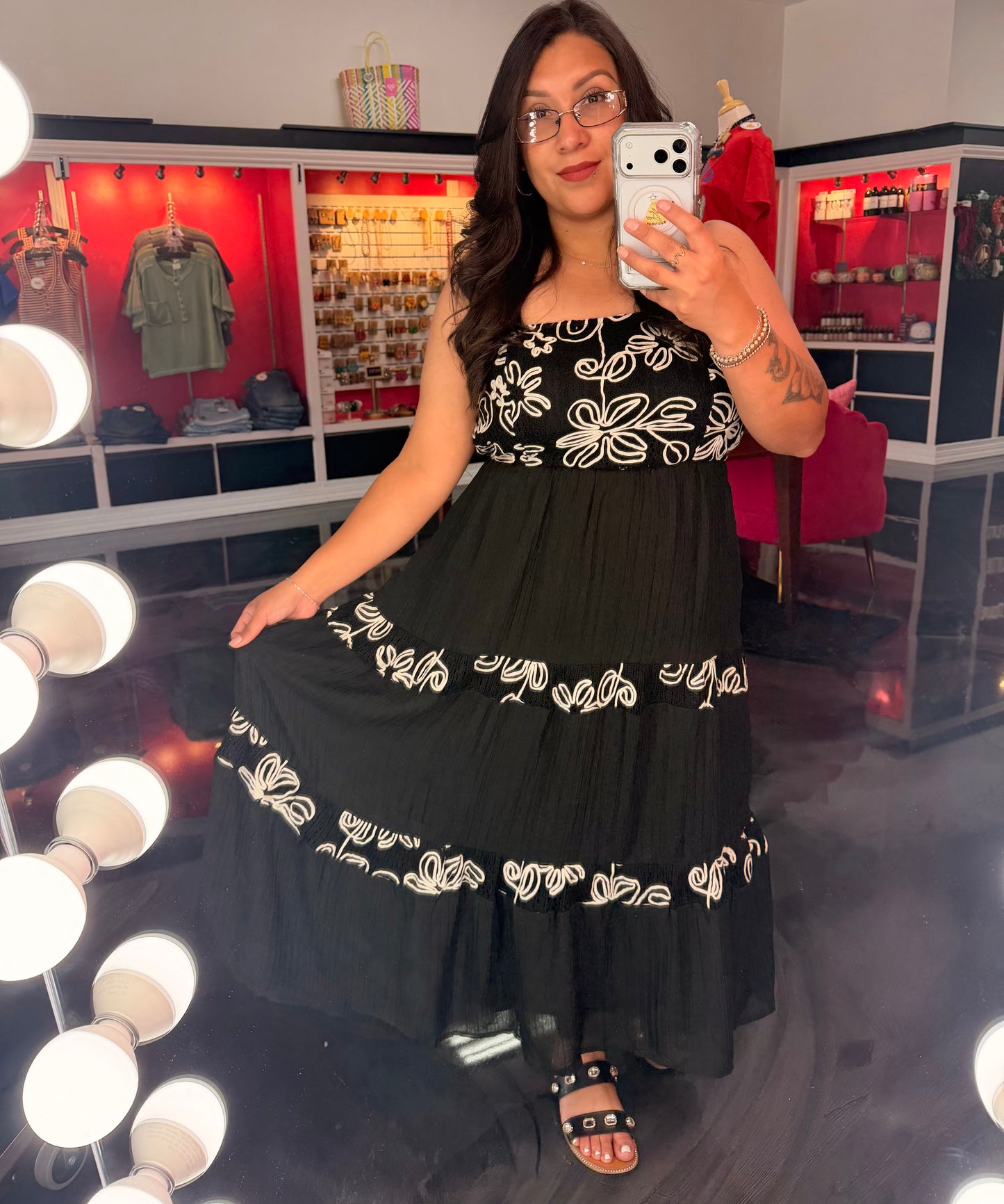 Embroidered Floral Contrast Panel Dress