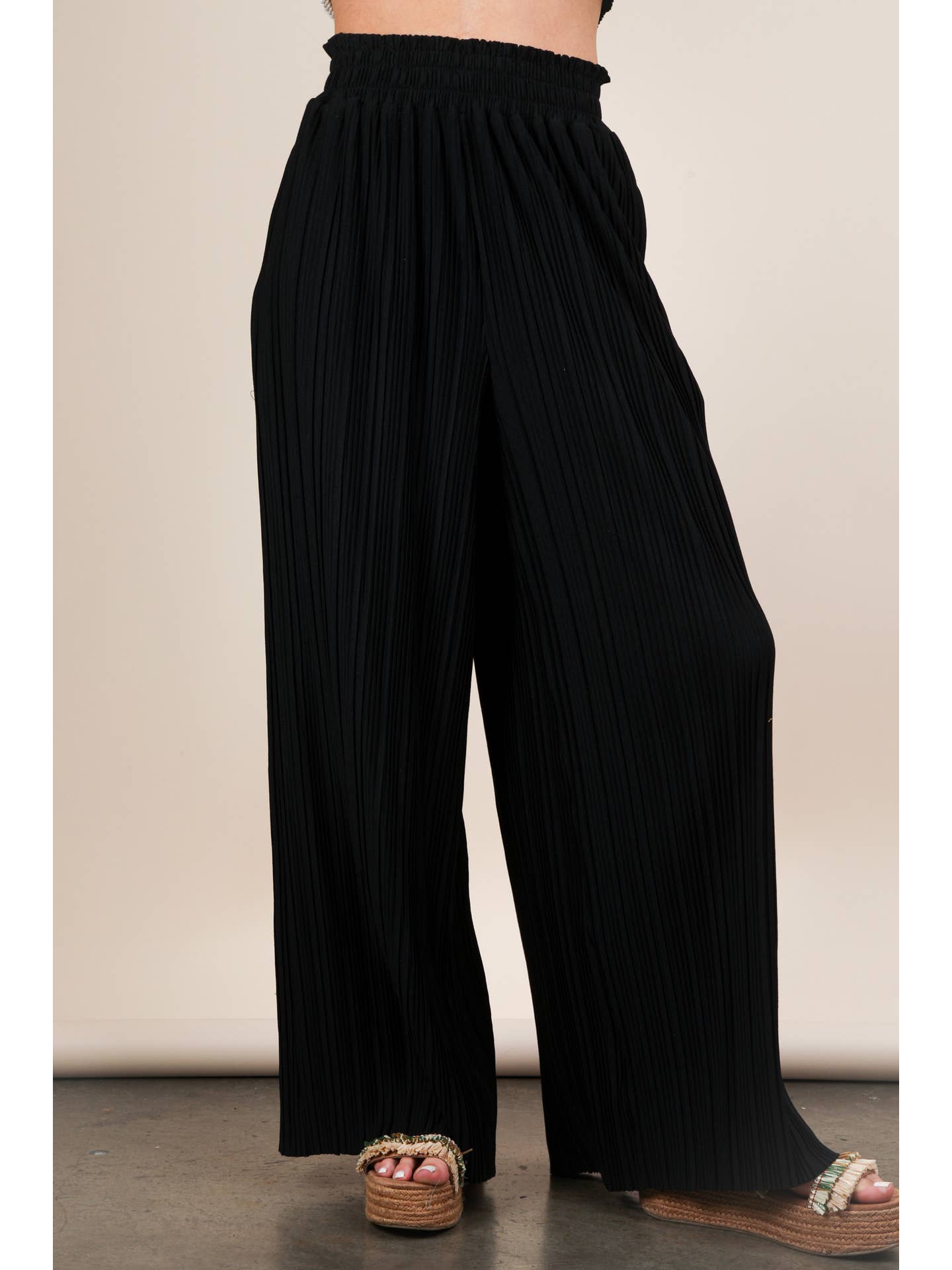 Solid Black Wide Leg Pleated Pants