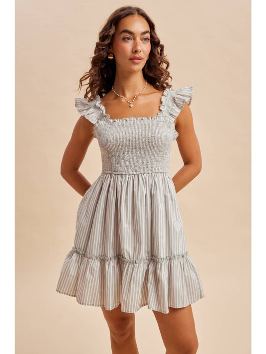 Green Striped Cotton Smocked Dress