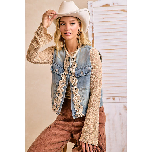 Washed Denim Ruffle Layering Vest