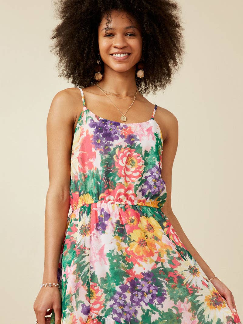 Vivid Floral Asymmetric Ruffle Hem Dress