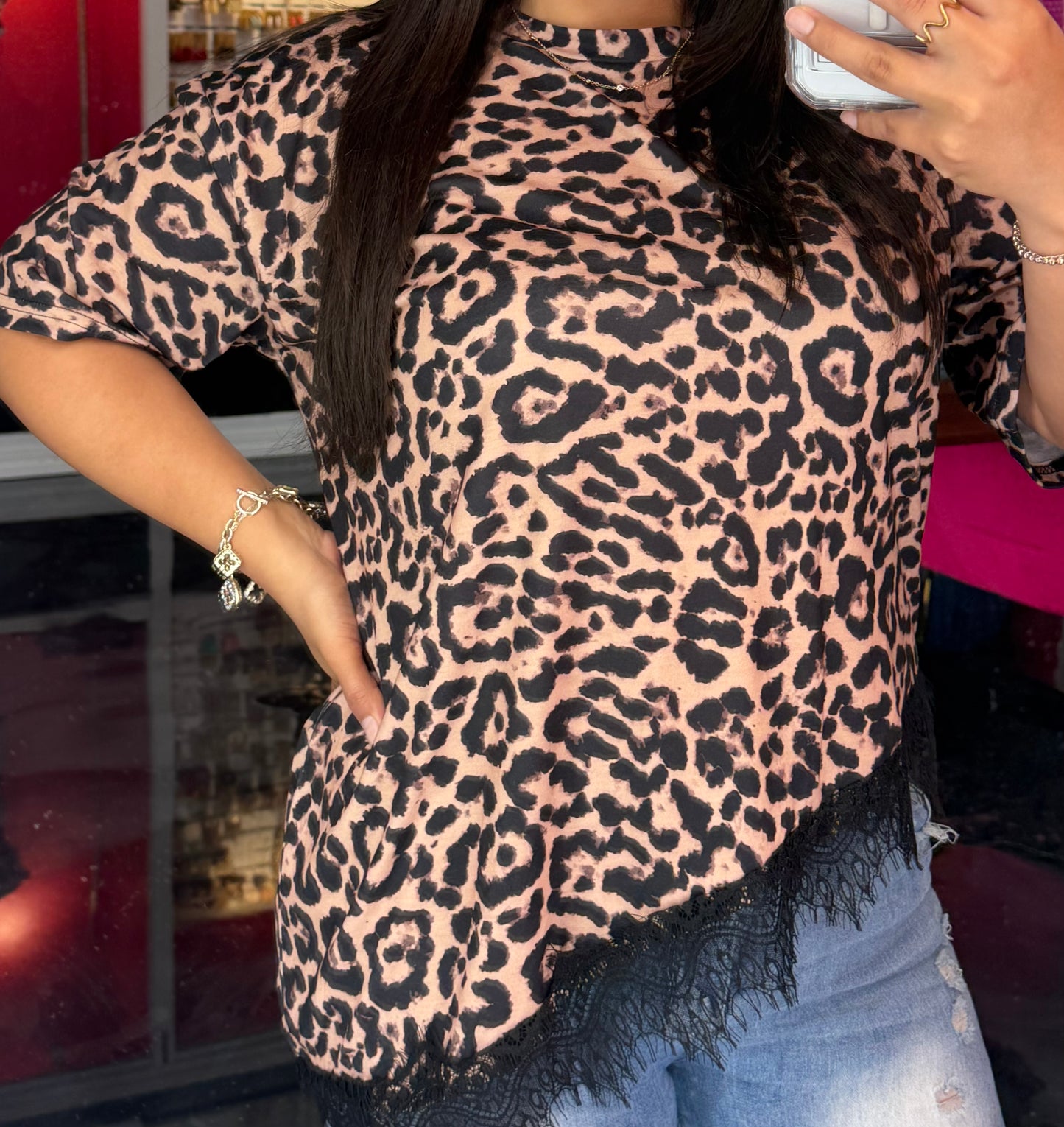 Leopard Print Spliced Lace Top