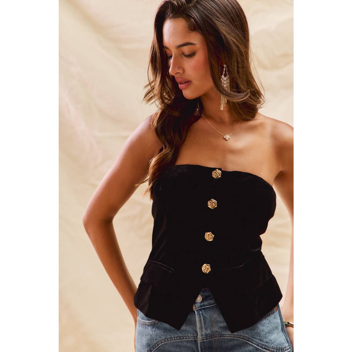 Velvet Rose Gold Button Tube Top
