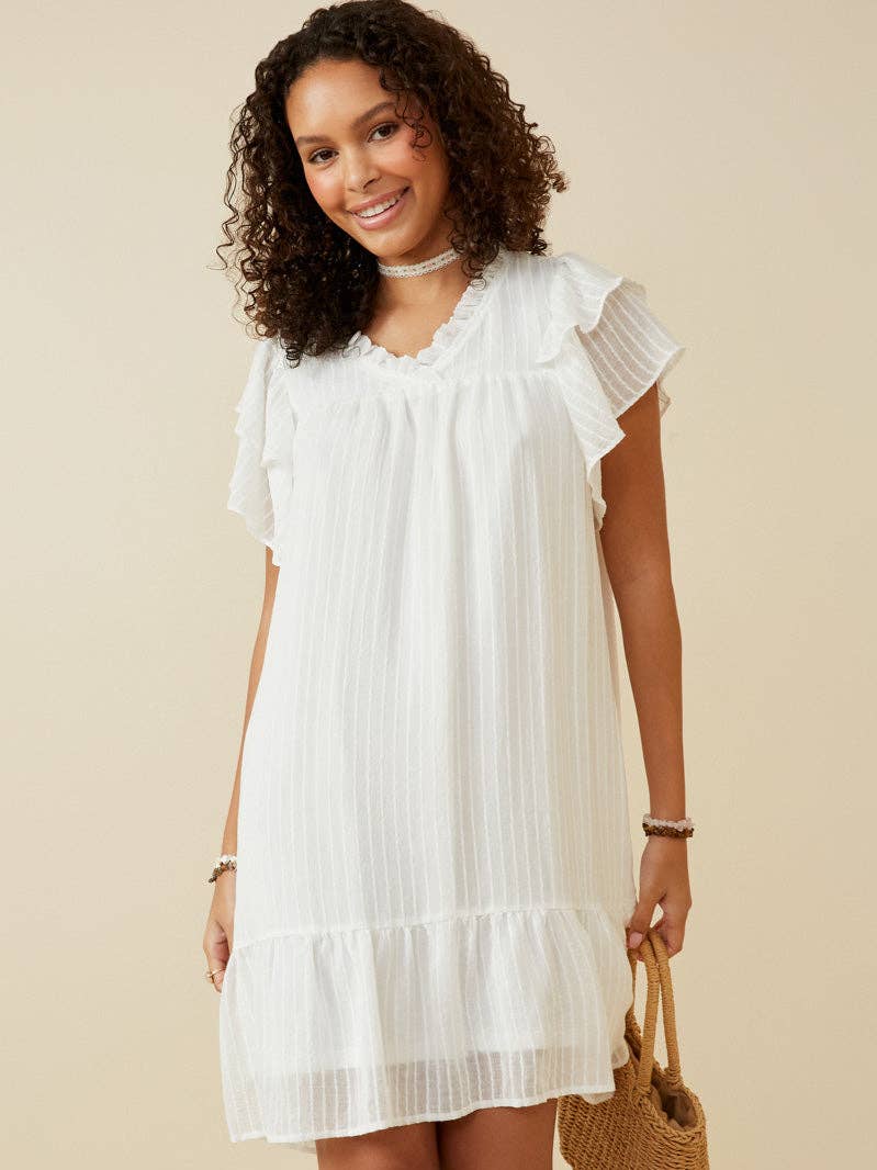 White Striped Ruffle Sleeve Dress