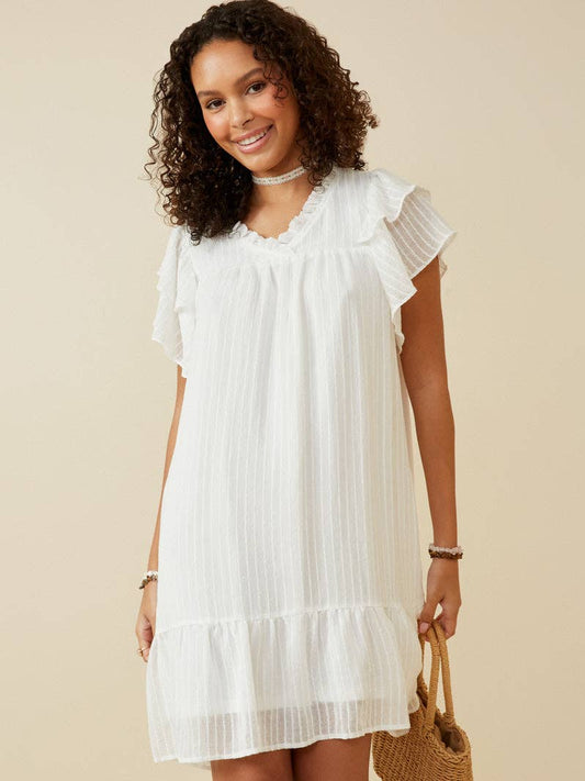 White Striped Ruffle Sleeve Dress
