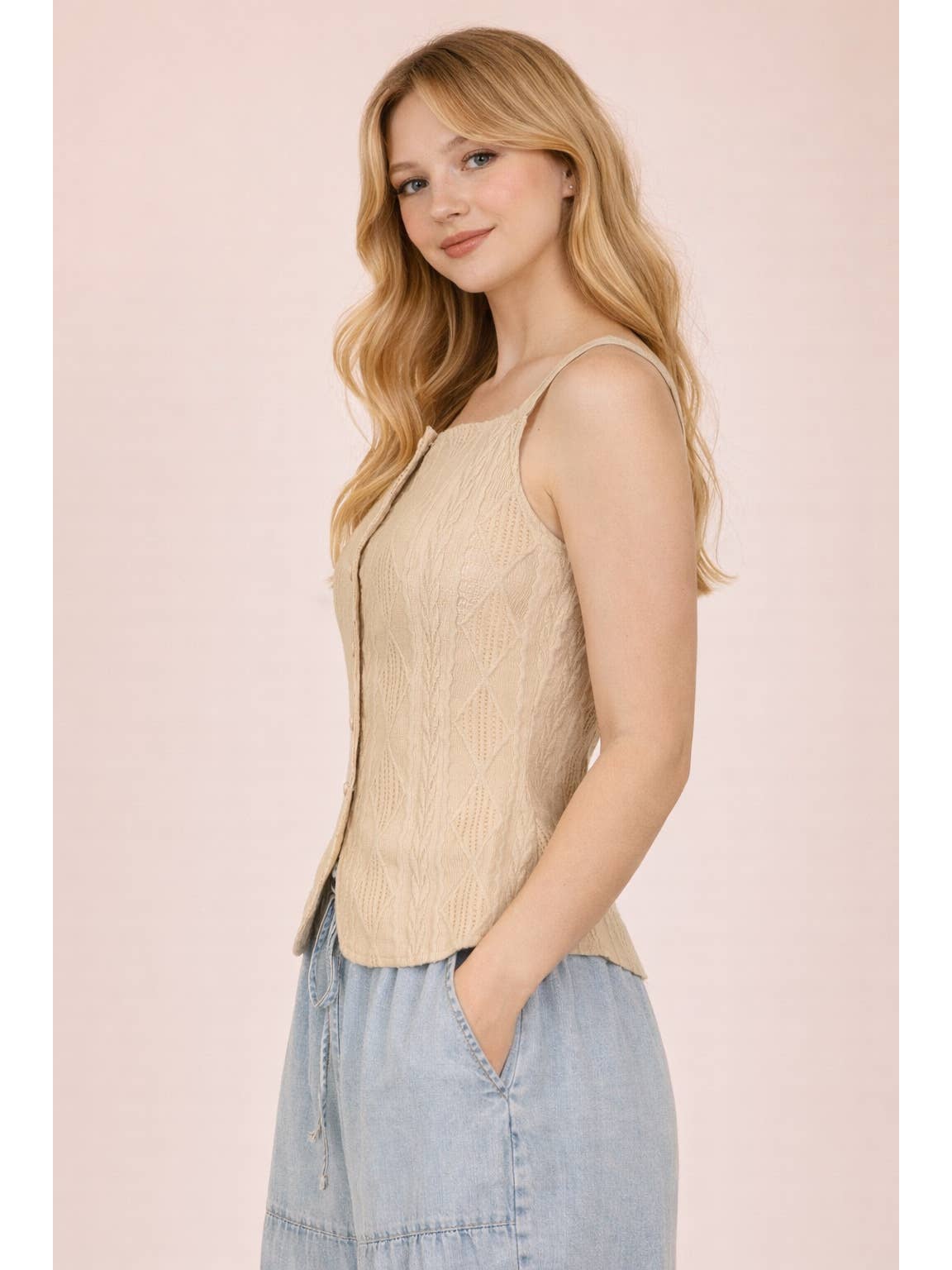 Taupe Sleeveless Button Down Top