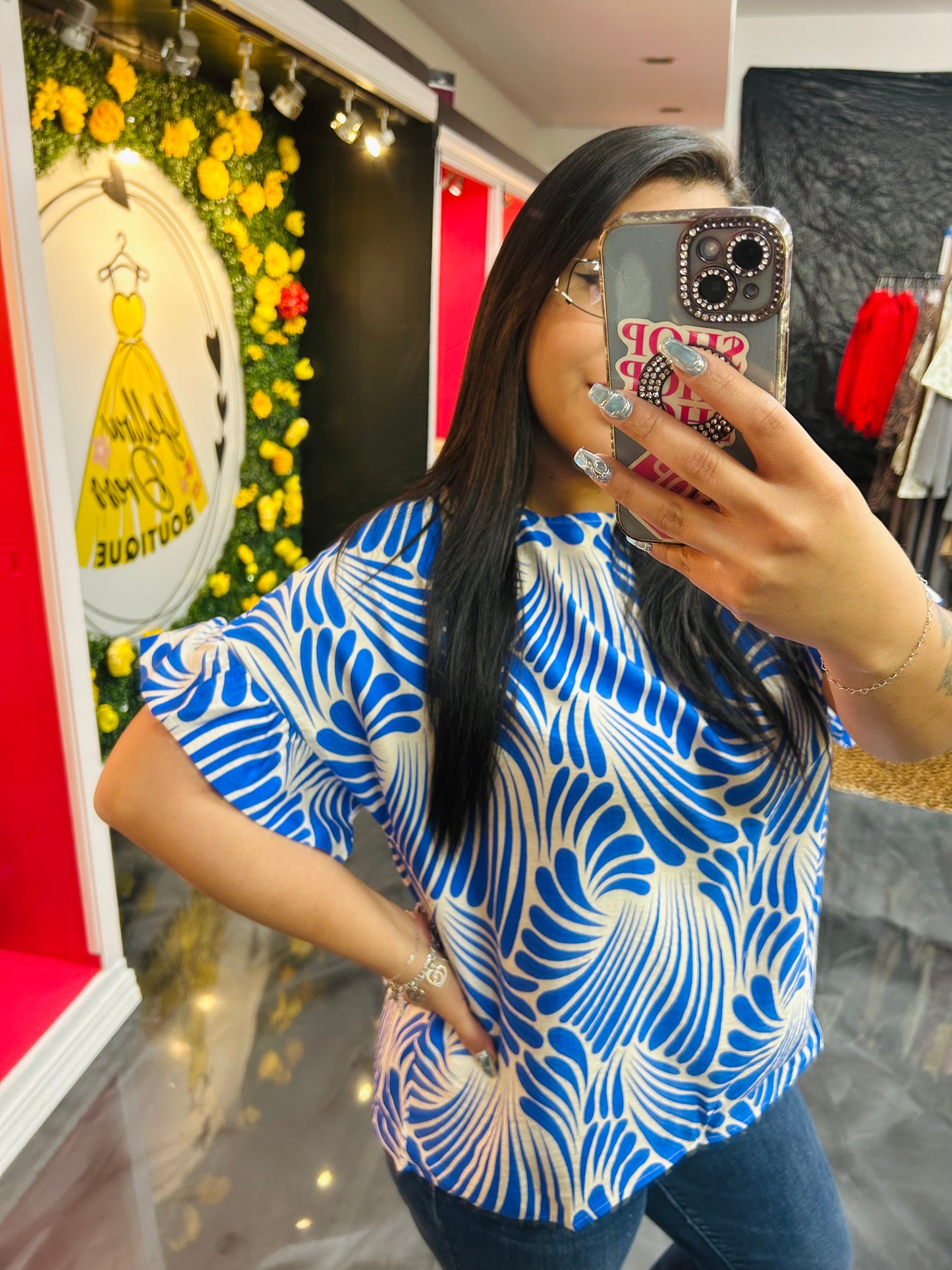 Print Woven Ruffled Sleeves Top