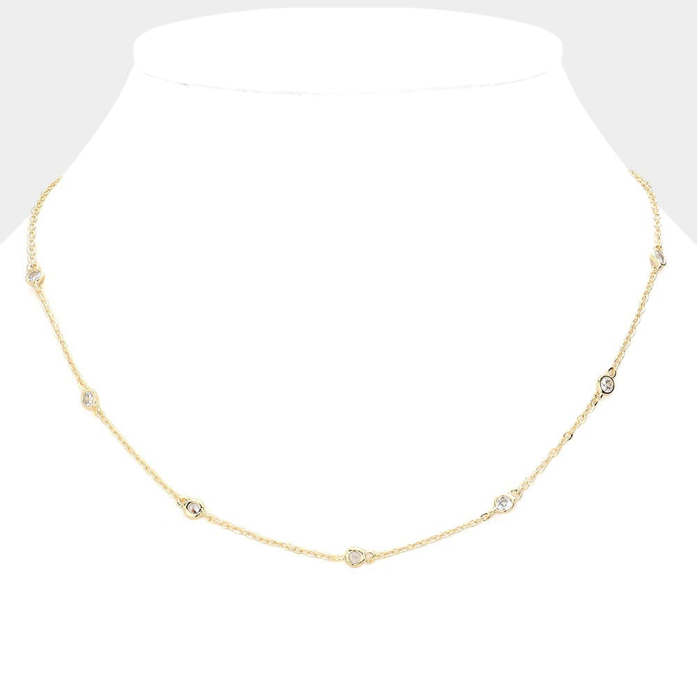 Gold Round Stone Station Necklace