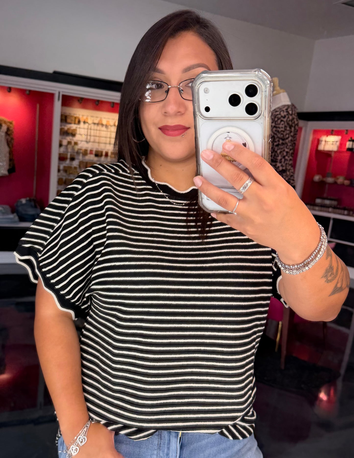 Scallop Trim Stripe Knit Top