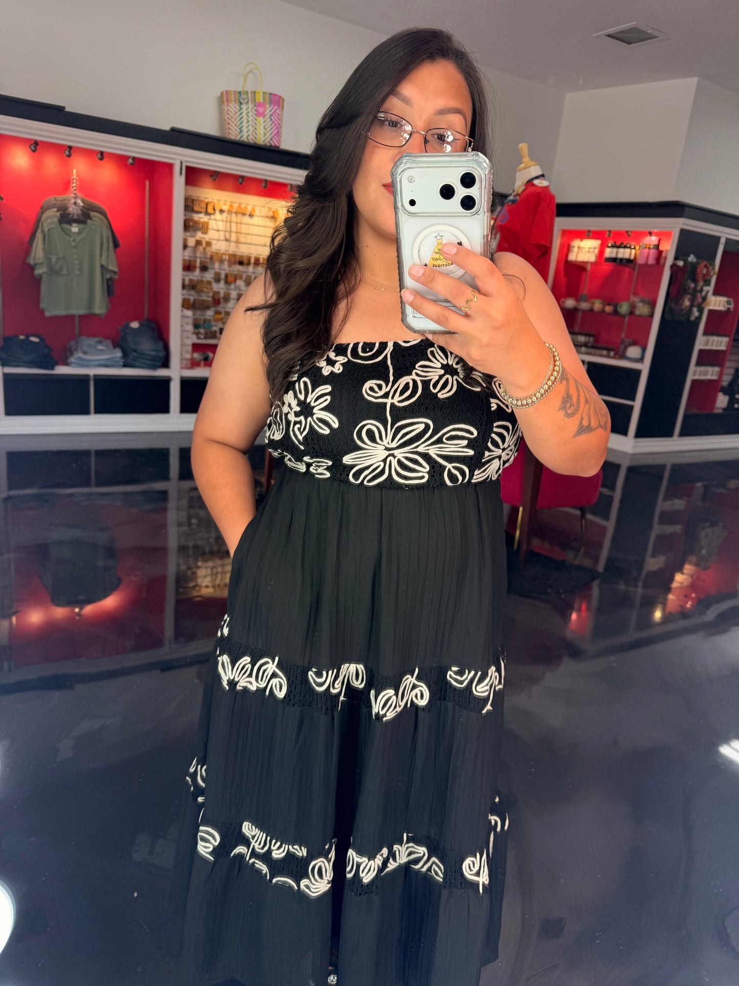 Embroidered Floral Contrast Panel Dress