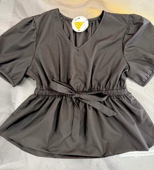 Midnight V-neck Puff Sleeve Bow Top