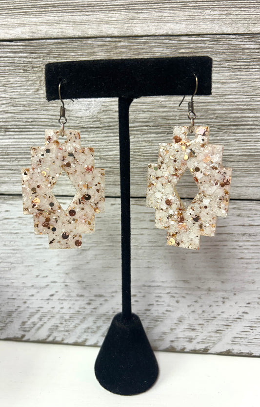 Large White/Gold Aztec Resin Earrings