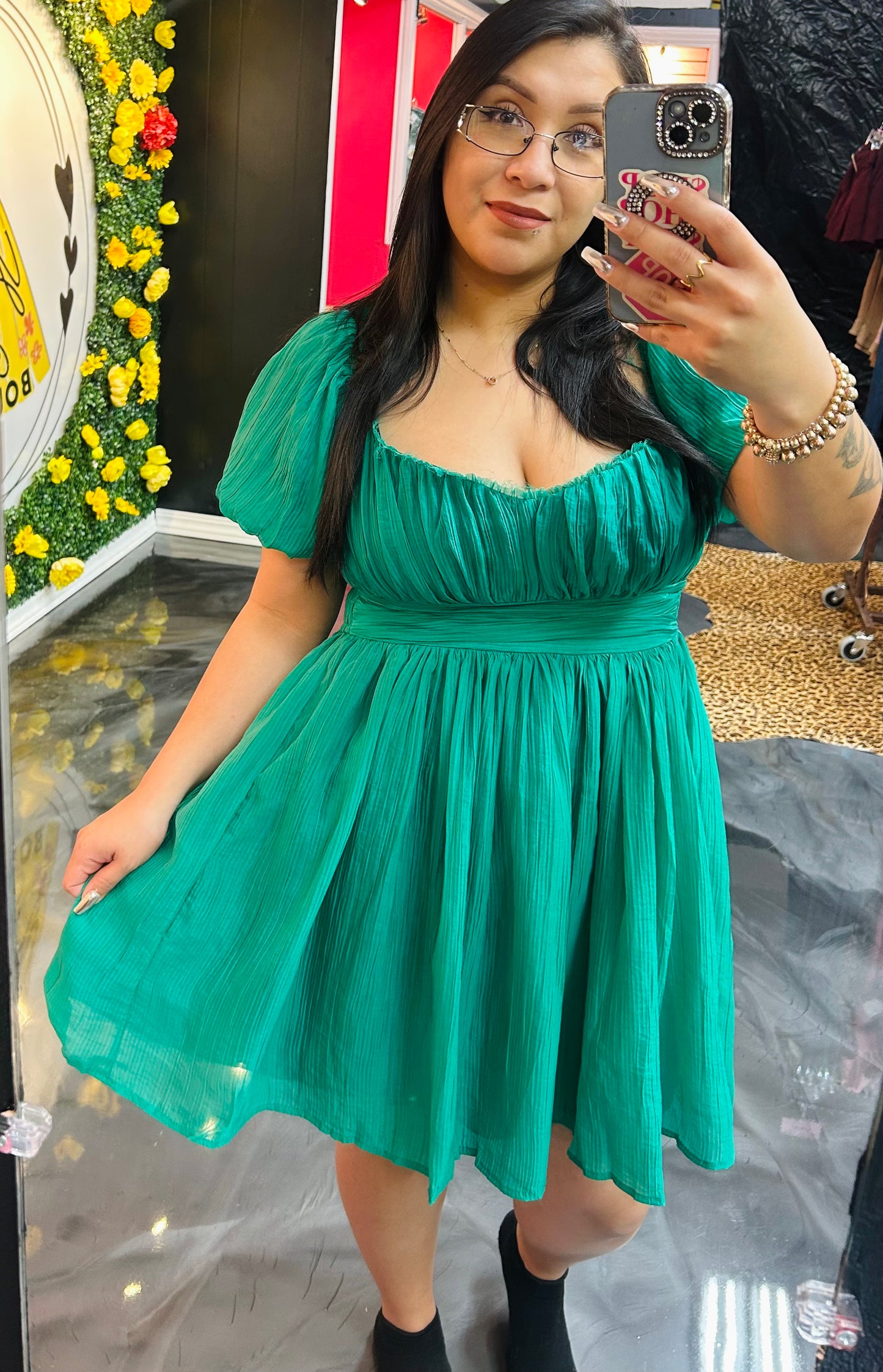 Green Teal Lace Up Back Mini Dress