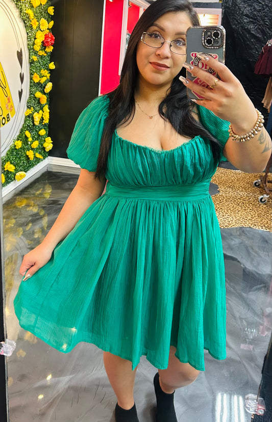 Green Teal Lace Up Back Mini Dress